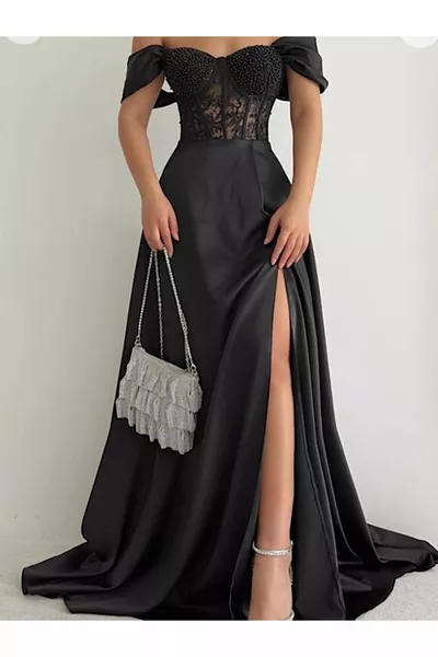 Abito da sera lungo nero gonna ampia in raso