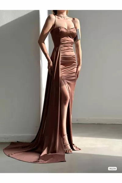 Жените кафяво сърце яка рамото отворена каишка Glop цепка риба дълго Макси дължина сатен плат вечерна рокля