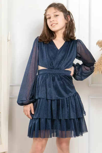Ruffled Glitter Tulle Children's Evening Dress Navy Blue 