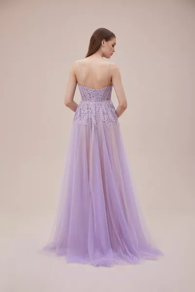 Viola Chan Lilac Lace Embroidered Tulle Skirt Long Dress With Thin Straps