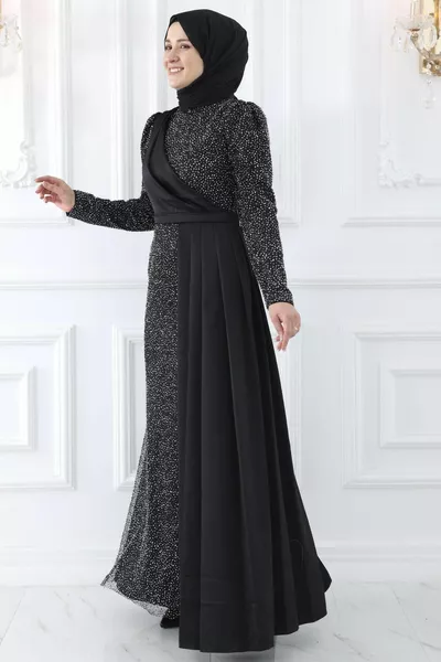 Abito da sera donna nero cristallo conico pietra stampata drappo dettagliato Ecmel Hijab