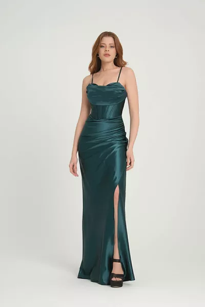 Kadın Ip Askılı Degaje Detaylı Arkası Bağlamalı Uzun Yırtmaçlı Balık Form Düğün Saten Abiye Elbise