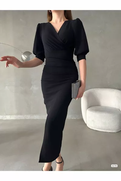 المرأة مزدوجة الصدر طوق قصيرة بالون الأكمام قصيرة شق كريب النسيج مساء اللباس (ملون)