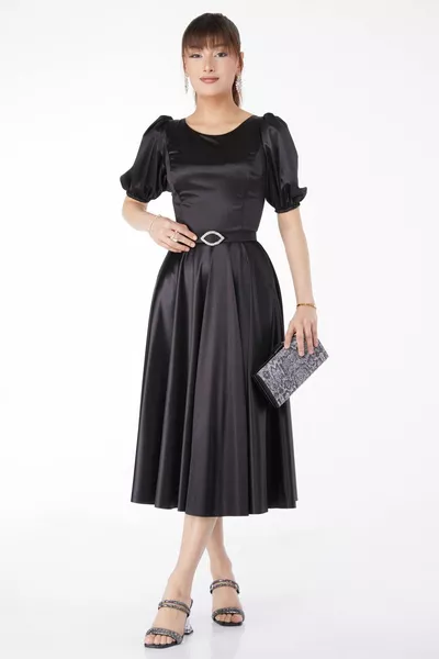Straight Mid Women's Black Sleeves Elasticated Kerm Dress - 