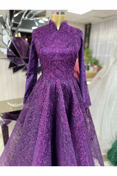 الدانتيل الأرجواني والحجر مطرزة ميدي طول مساء اللباس الحناء الخطوبة اللباس مناسبة للحجاب