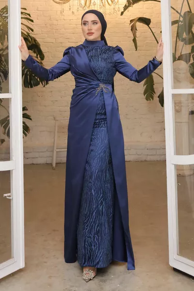 الأزرق الداكن الحجر بريق الساتان مساء اللباس