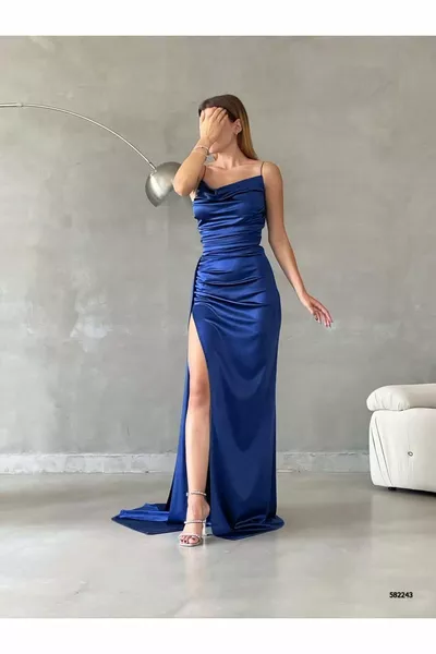 Women's Blue Strapless Decaere Collar Thin Strap Drape Detail Long Tail Slit Satin Evening Dress