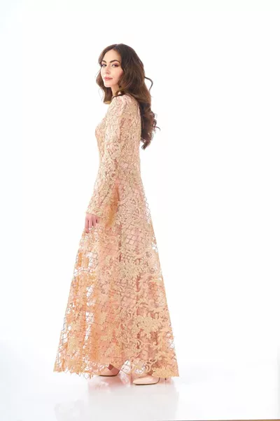 Colore salmone completo paillettes tessuto svasato gonna abito da sera