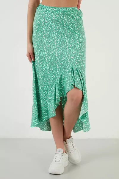 Пола с флорални мотиви с волани с дължина миди с цепка 