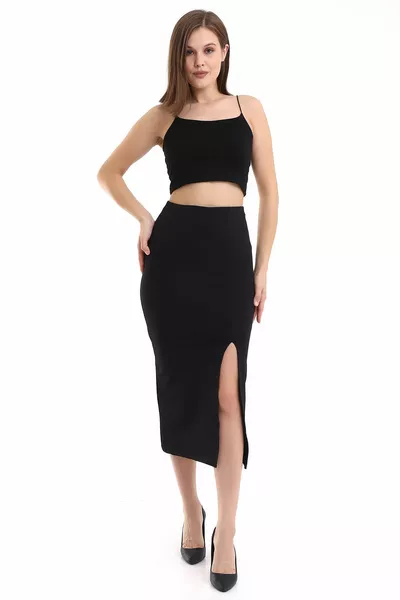 Дамска черен цвят Diver Fabric странична пола с дълбок прорез