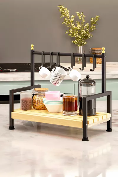 Organizzatore da cucina da tavolo per scaffali, portatazza da caffè con 6 ganci, scaffale in legno