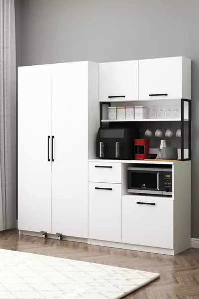 Ervin Airfry Кафе Кът с шкаф за провизии, двукрилен многофункционален шкаф, бял