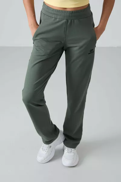 Damen Jogginghose mit klassischem Bein, bequemer Schnitt, Khaki, verdeckter Reißverschluss und Taschen - 