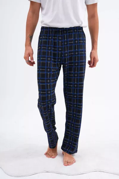 Herren Schlafanzughose ohne Taschen aus Baumwolle mit Karomuster und elastischem Bund, Blau
