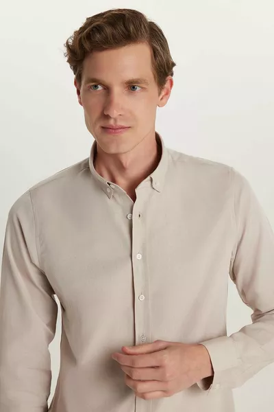 Men's Slim Fit Narrow Cut Long Sleeve Cotton Oxford Texture Easy Iron Stone Color Button-Down Shirt