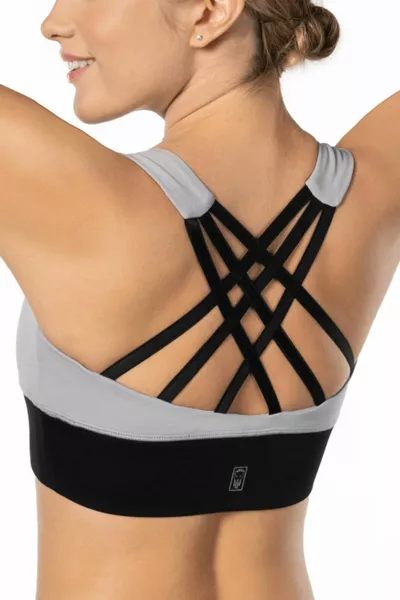 Сив спортен сутиен с висока поддръжка и детайли на гърба