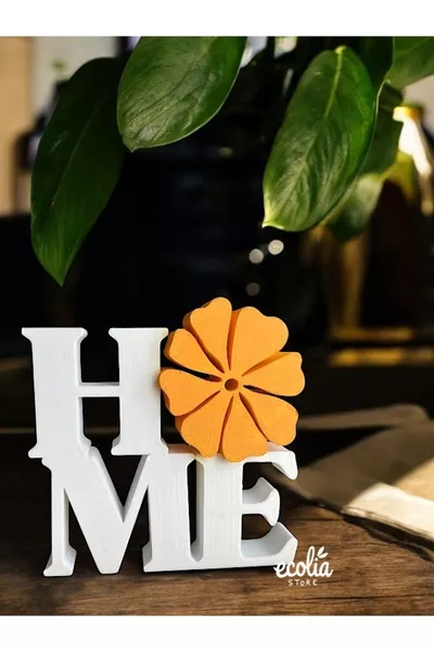 Decorative Object with 'HOME' Inscription and Orange Flower Details – cm Stylish and Modern Home Decor