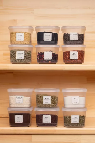  li Etiketli Baharatlık - Bakliyat Saklama Kabı - Erzak Saklama Kabı Seti Şeffaf  ml