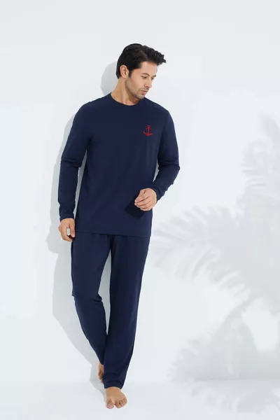 Men's Cotton Long Sleeve Navy Seasonal Pajama Set