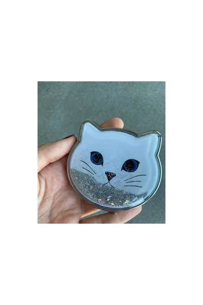 Cat-Designed Glittery Water Cosmetic Pocket Bag Mirror with Cover Hand Makeup Mirror Accessory