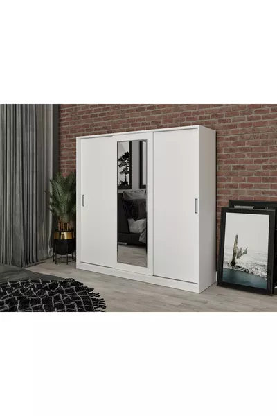 Armoire à vêtements Samira en MDF avec portes coulissantes et miroir blanc - MDF de première qualité