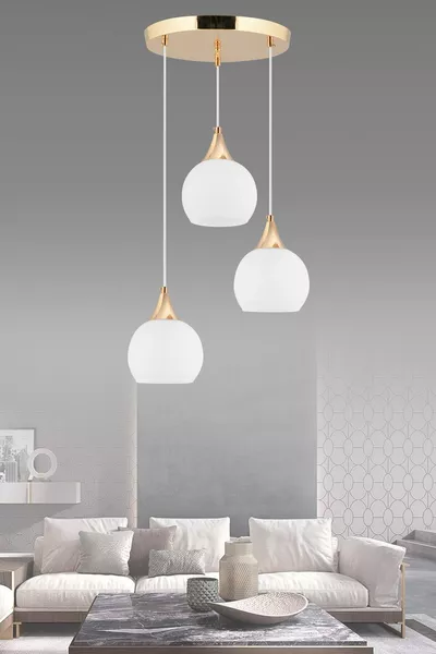 Chandelier with 3 Pendants, Gold Frame, White Opaque Glass