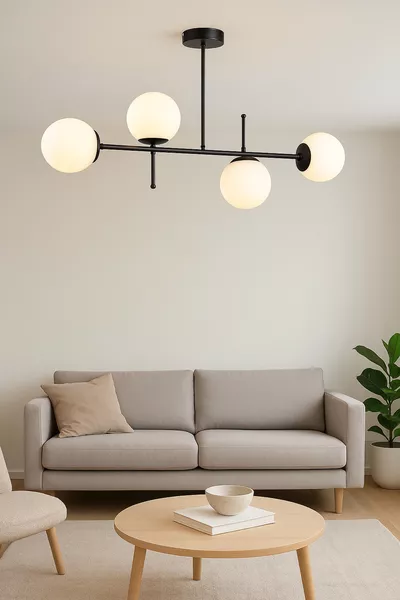 Ферис Модерен Дизайн Хол Кухня Спалня Черен Цвят С Бяло Стъкло 4-куполен Полилей