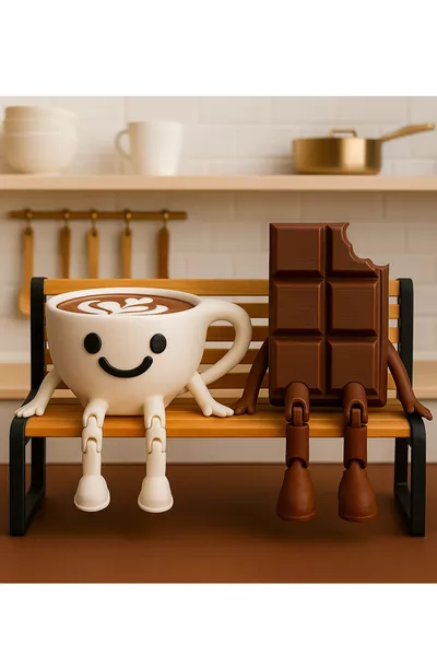 Very Cute Chocolate and Espresso Figurine Set on a Bench / Set of 3 Decorative Figures for Gifts or Dowry