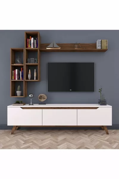 Rani Shelved TV Unit TV Stand Wall Shelves Modern Freestanding  Cm White - Miniature Walnut