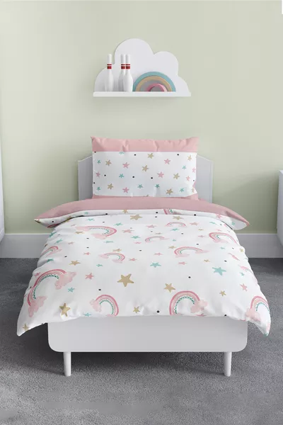 طقم غطاء لحاف للأطفال مع شرشف بنقشة قوس قزح وردية طقم لحاف لغرفة الأطفال