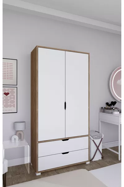 Cm Licht Walnoot-wit 2-deurs 2-laden kledingkast - Garderobekast
