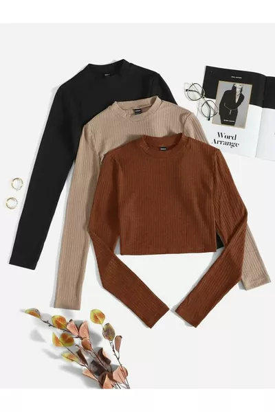 Женская укороченная блузка с длинным рукавом, тройная жатая ткань, % хлопок, круглый вырез, трикотажный кашкорсе