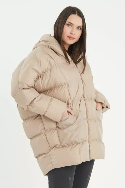 Women's Oversized Beige Puffer Jacket with Hoodie