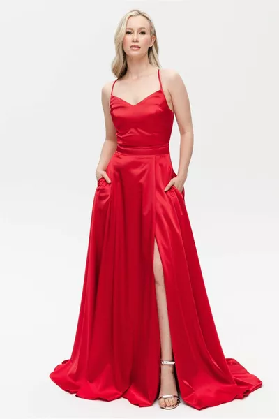 Satin Long Evening Dress with Rope Straps - RED