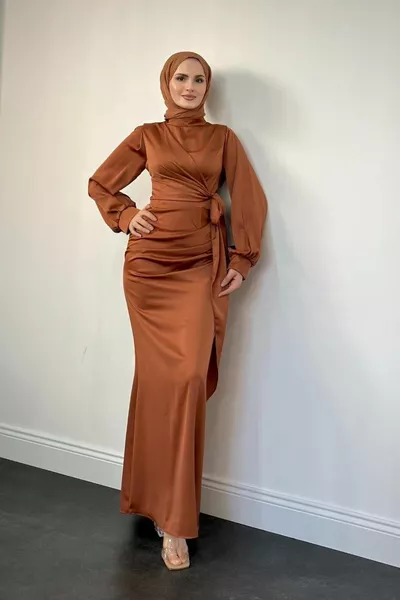 Orlenda Drape Detail Fish Satin Evening Dress Tan