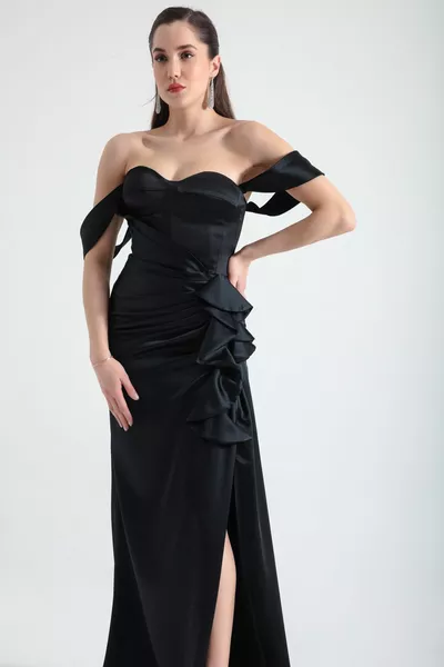 المرأة المرأة أسود القلب طوق تكدرت طويلة الساتان مساء اللباس