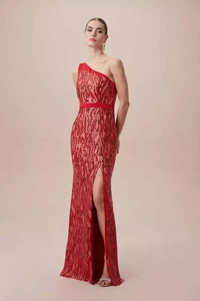 Red Sequin Embroidered One Shoulder Plus Size Long Evening Dress