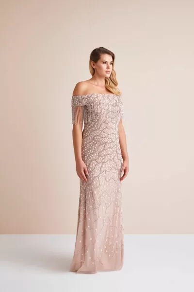 الوردي قارب الرقبة الترتر طويل زائد حجم مساء اللباس