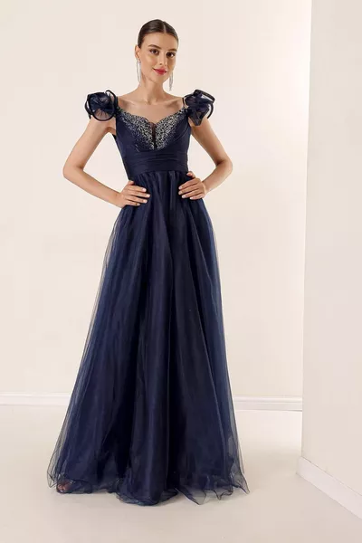 الجبهة الخلفية الخامس الرقبة حبل الأشرطة الأكمام المنخفضة الجبهة الحجر مفصلة اصطف طويل تول اللباس الأزرق الداكن