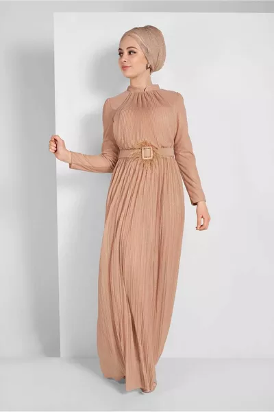 Beige Glitzer-Plissee-Abendkleid für Damen 