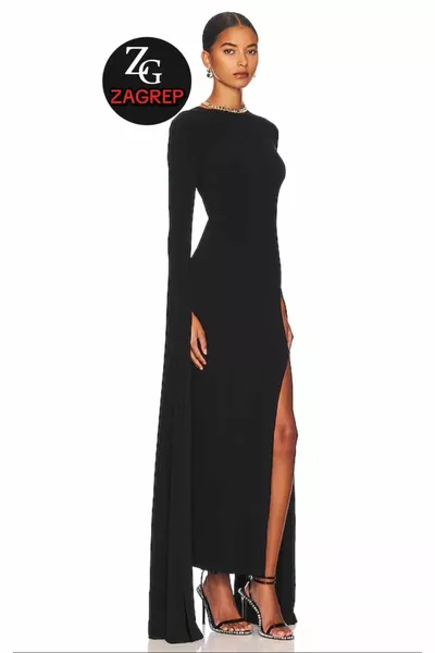 المرأة الأسود ماكسي اللباس الحرير جيرسي مع شق على الظهر مع الشقوق على الظهر