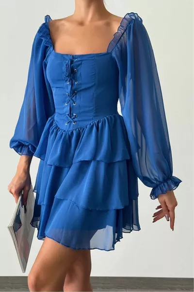 Жените тюл плат фронт вратовръзка дизайн пола пластове прозрачен ръкав саксофон синьо вечерна рокля 