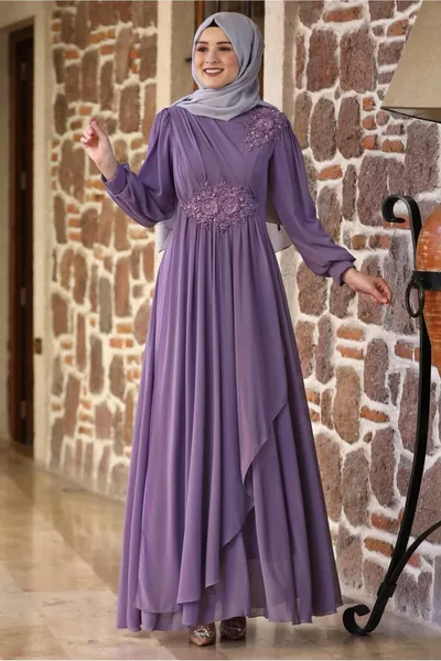 Dames paars (Lila) kralen borduurwerk gedetailleerde avondjurk T 