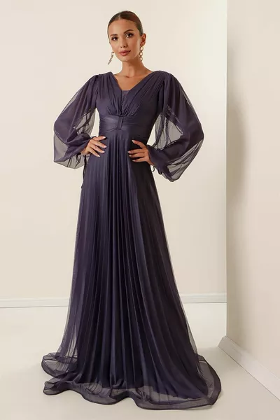 Voorkant Achter V-hals Ballonmouw Geplooide Lange Tule Jurk Donker Indigo