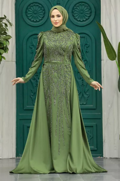 Abito da sera Hijab - Abito da sera Hijab kaki in rilievo HK