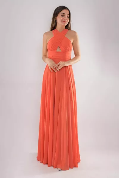  Диагонална дебела каишка шифон дълга разкроена рокля