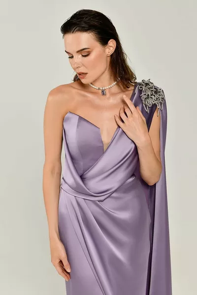 Off-the-shoulder stone laced satin dress