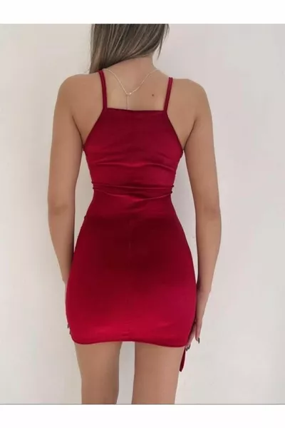Asymmetrical Cut Double-breasted Velvet Red Mini Strappy Dress