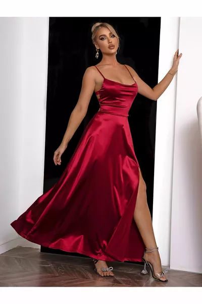 Tief geschlitzter Korsettgurt Degaje Verlobungseinladung Hochzeit Abendkleid Dickes Satinkleid