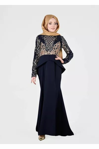 أزرق كحلي للسيدات (كحلي-ذهبي) T  مجموعة فستان سهرة سمك الترتر